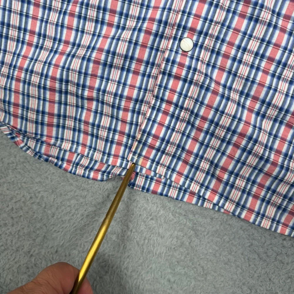 Banana Republic Mens Western Pearl Snap Plaid Shirt Red White Blue Large Stretch